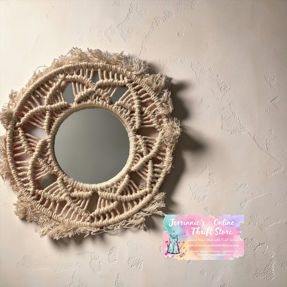 Boho Macrame Magazine Rack and Round Wall Mirror Set Cream Cotton Wood Frame - Picture 5 of 7